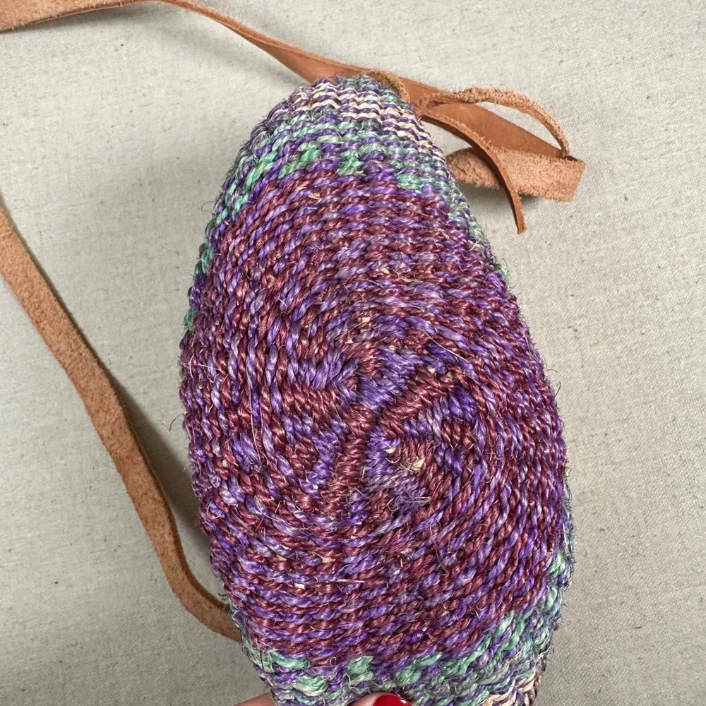 Vintage‎ Handwoven Sisal Leather Flap Crossbody Bag Purple Green Boho Festival